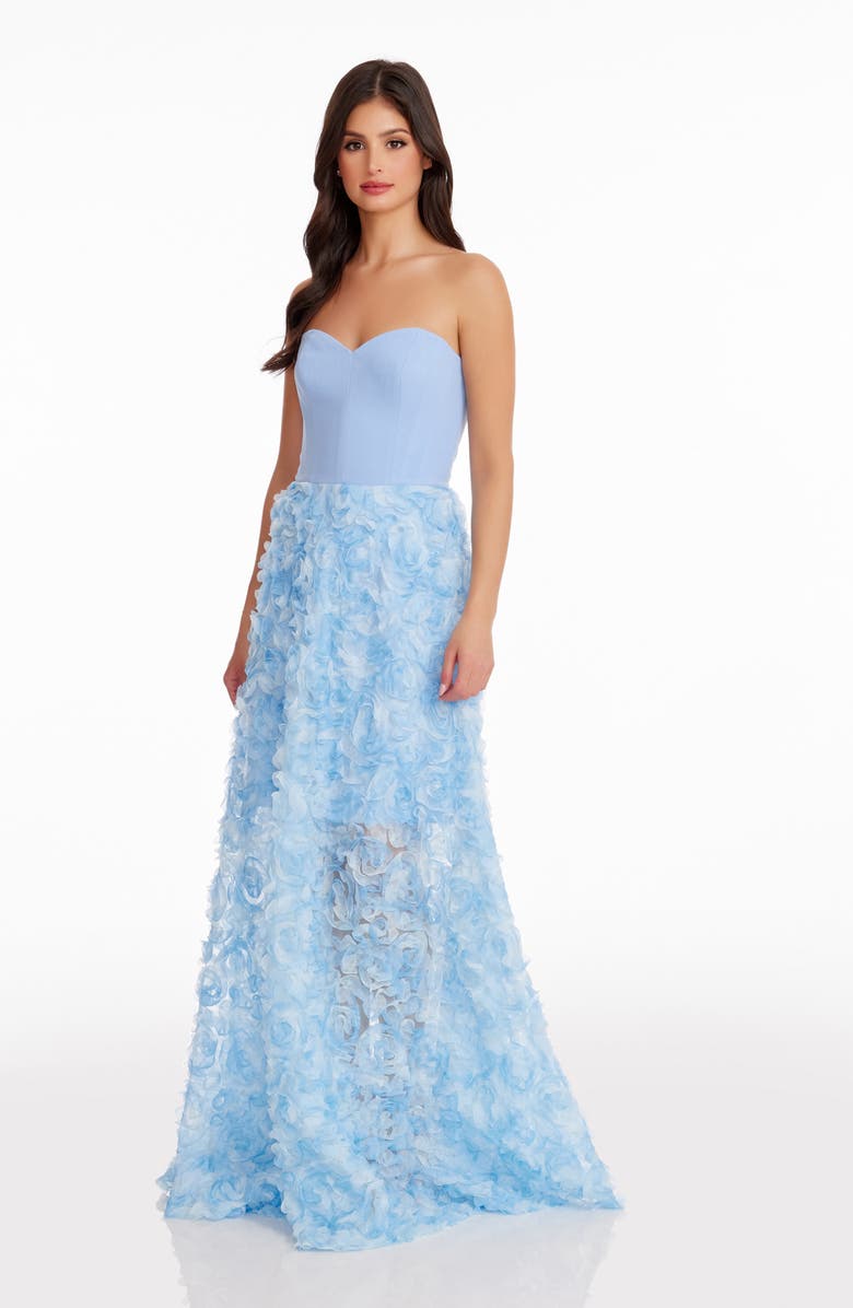 Dress the Population Audrina Floral Appliqué Strapless Gown, Alternate, color, Sky Multi