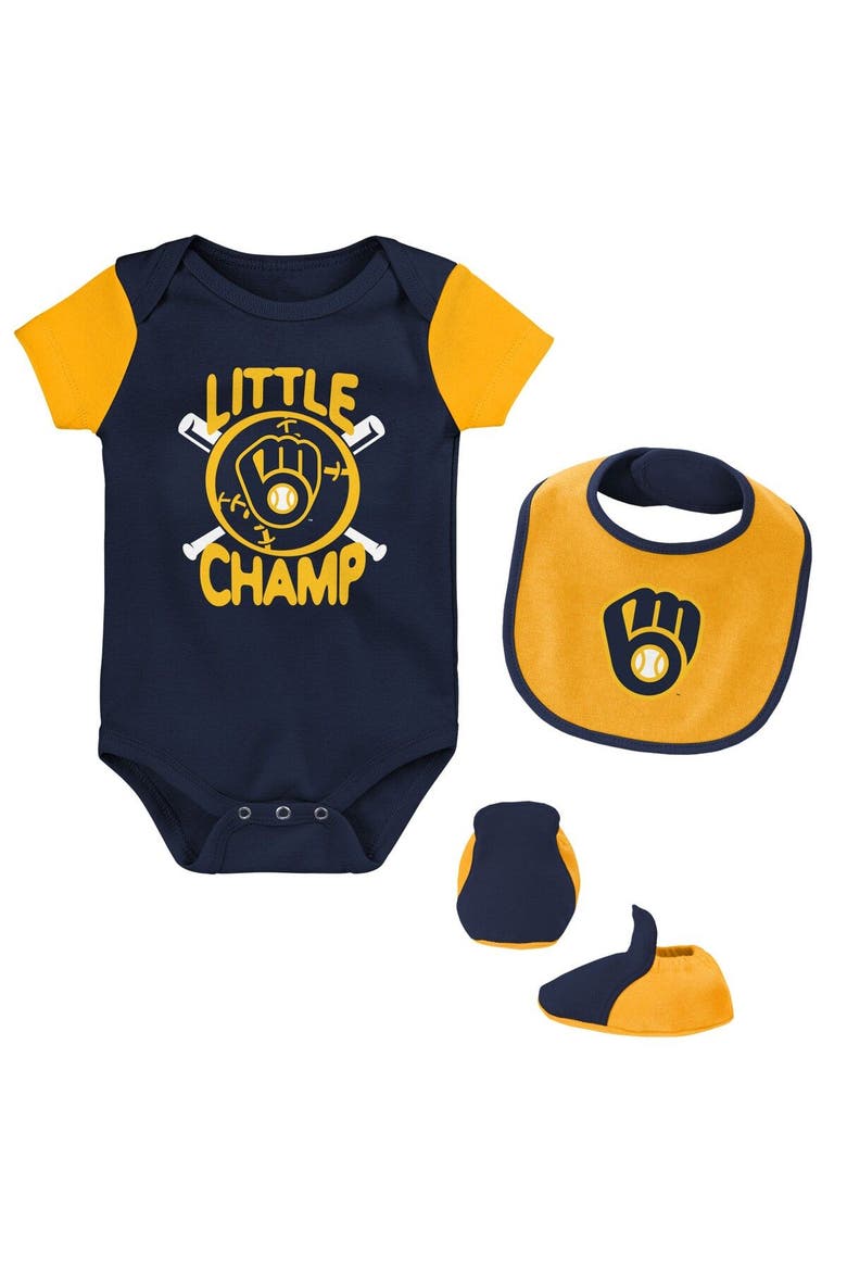 Newborn & Infant Navy/Gold Milwaukee Brewers Little Champ Three-Pack Bodysuit Bib & Booties Set, Main, color, Navy