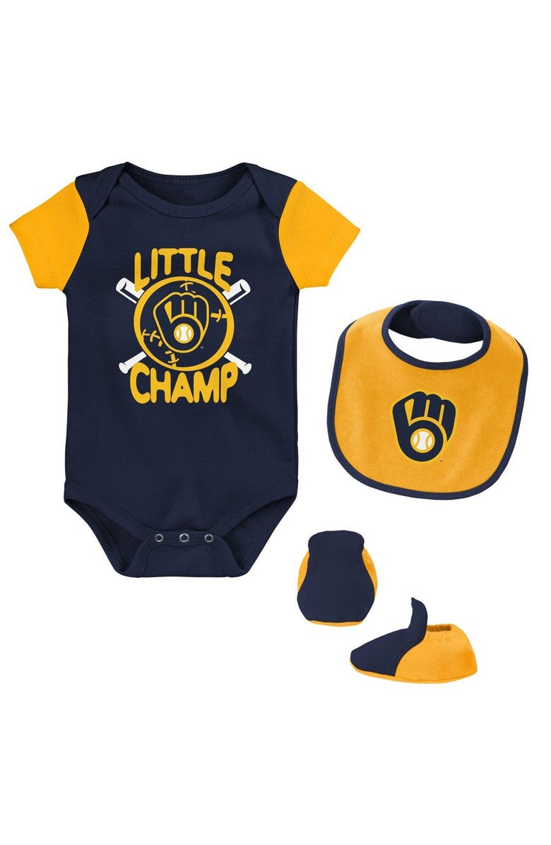 Outerstuff Newborn & Infant Navy/Gold Milwaukee Brewers Little Champ Three-Pack Bodysuit Bib & Booties Set, Main, color, Navy