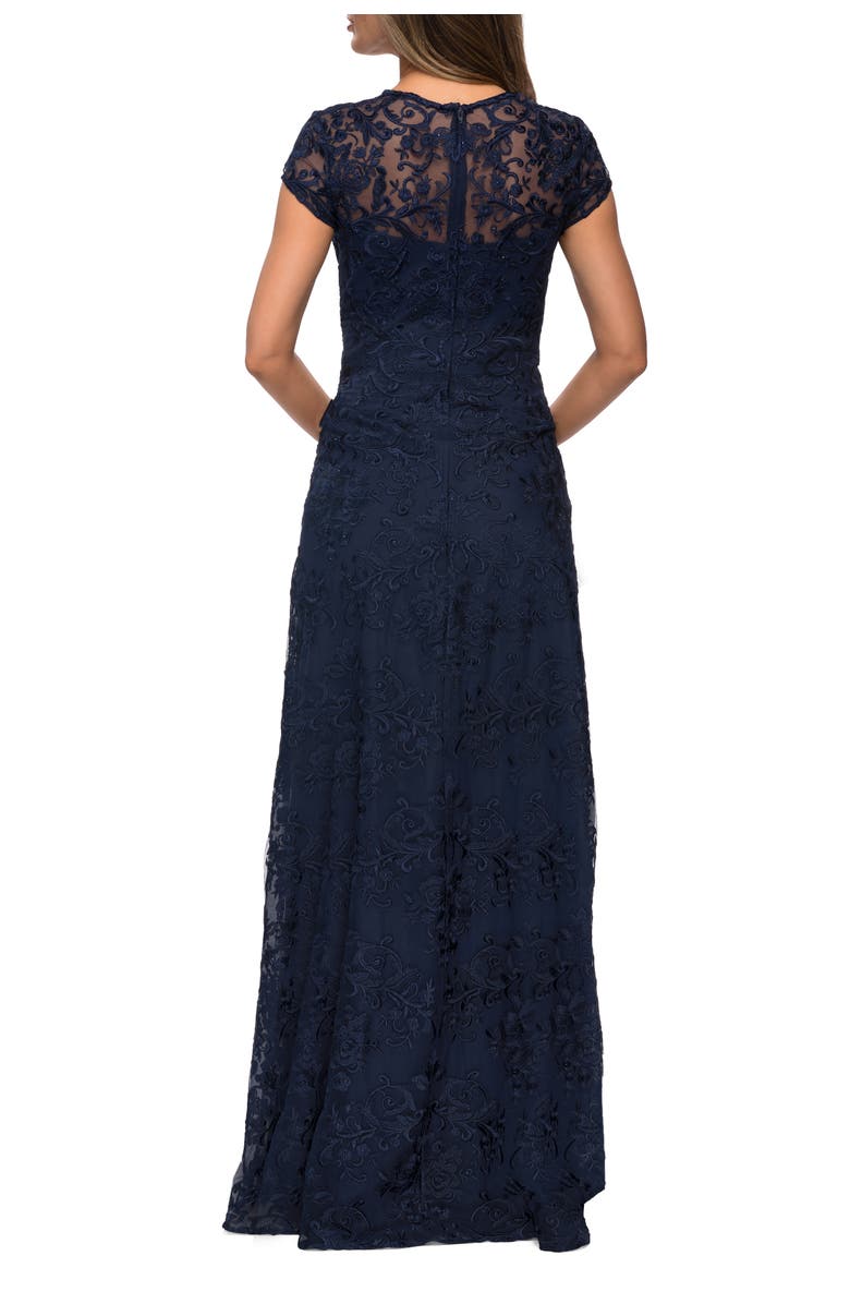 La Femme Cap Sleeve Floral Gown with Sweetheart Neckline, Alternate, color, Navy