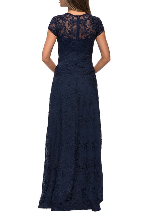 La Femme Cap Sleeve Floral Gown With Sweetheart Neckline