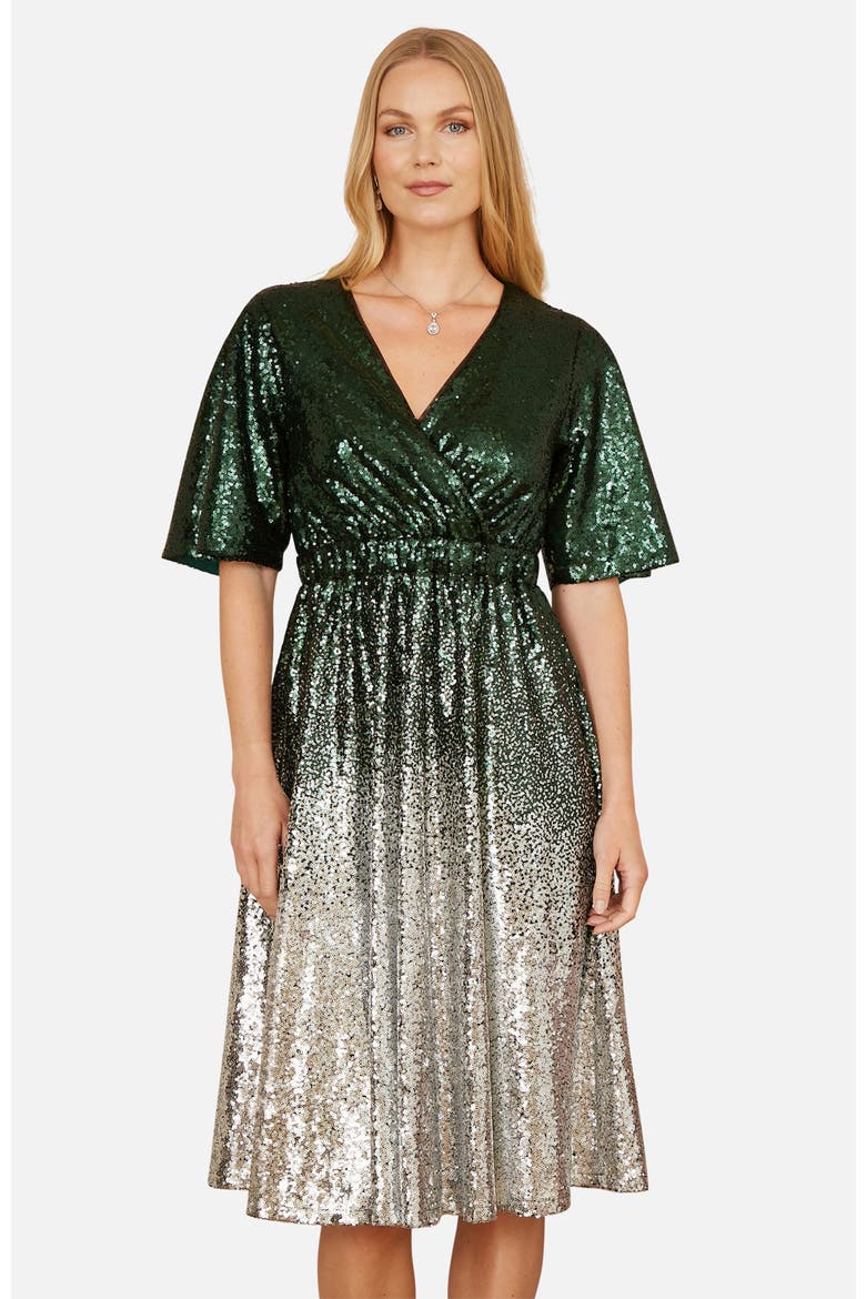 Ombre Sequin V-Neck Midi Dress, Alternate, color, Green