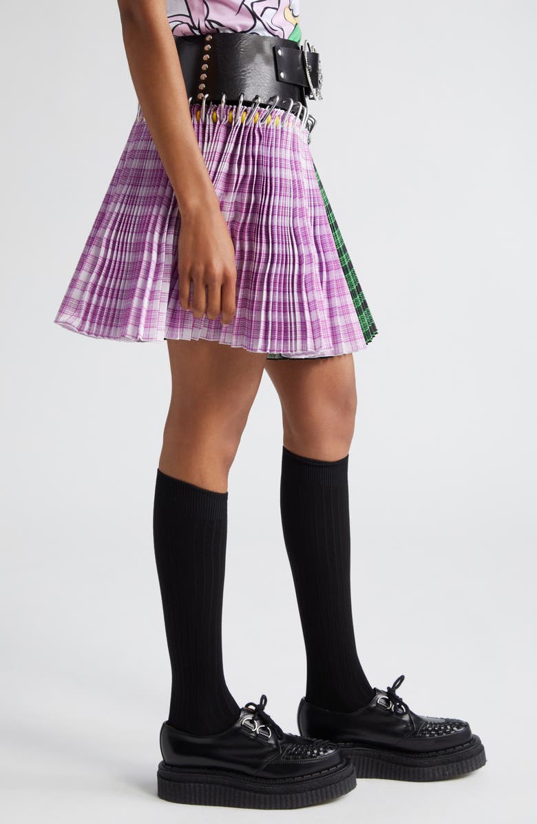 Chopova Lowena x Disney Daisy Duck Tartan Pleated Carabiner Belted Miniskirt, Alternate, color,