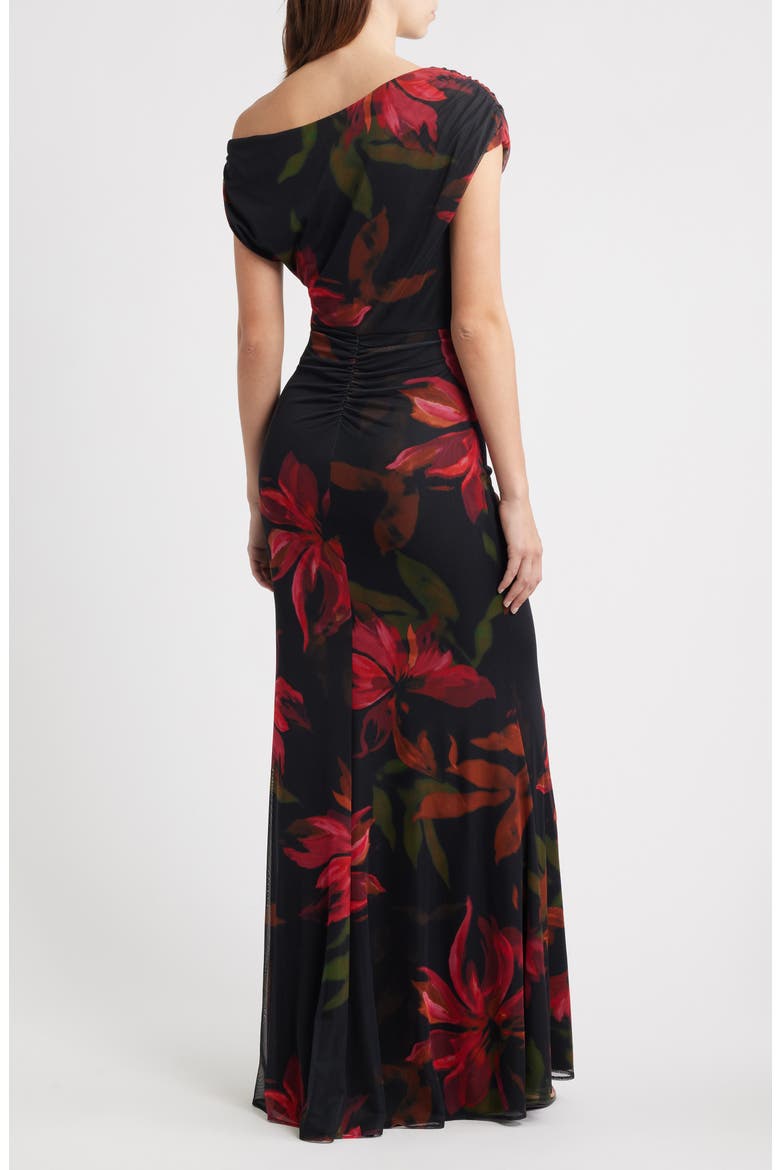 Floral One-Shoulder Mesh Gown, Alternate, color, BLACK MULTI