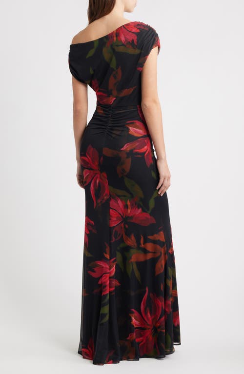 Vince Camuto Floral One-shoulder Mesh Gown In Multi