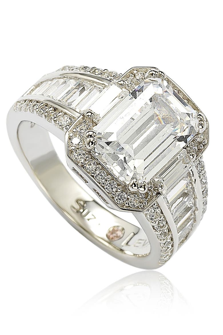 Sterling Silver Emerald-Cut & Round-Cut Cubic Zirconia Engagement Ring, Alternate, color, WHITE
