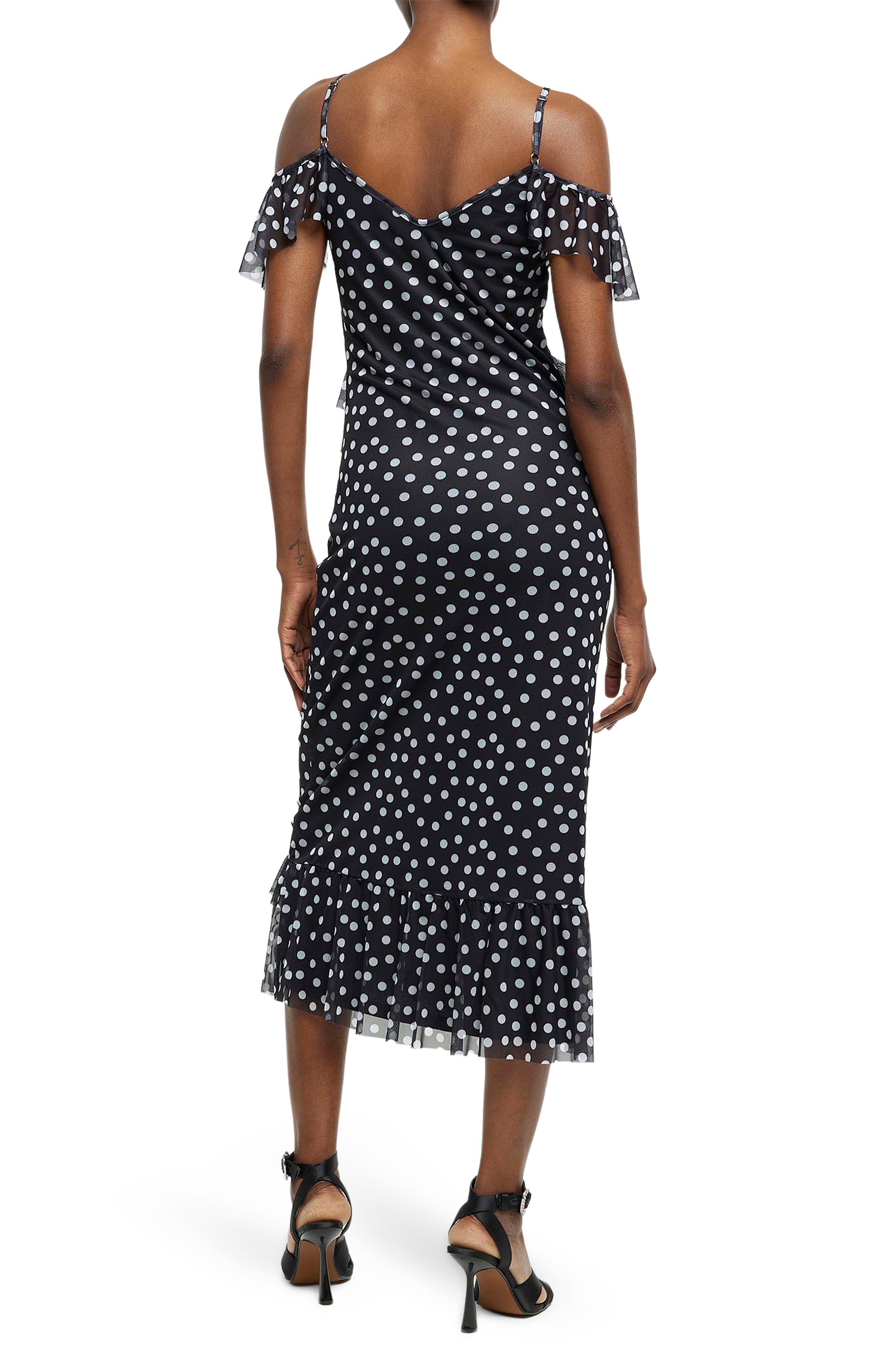 River Island Polka Dot Cold Shoulder Ruffle Midi Dress (Women ...
