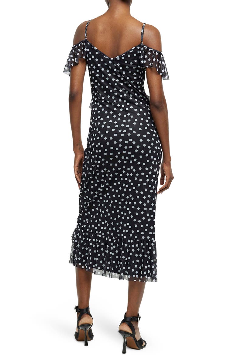 River Island Polka Dot Cold Shoulder Ruffle Midi Dress, Alternate, color, 