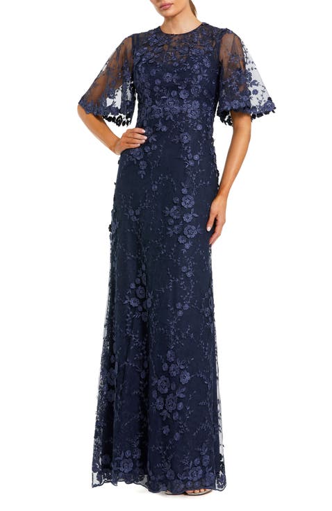 Flutter Sleeve Floral Embroidered Net Gown