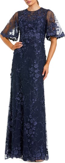 mac duggal flutter-sleeve formal appliqué maxi dress Mac Duggal - Navy V-Neck Embellished Long Flutter Sleeve Gown