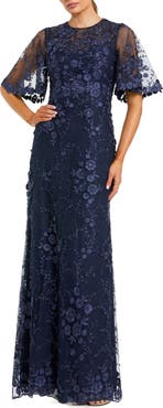 Mac Duggal Women's Flutter Sleeve Floral Emboridered Net Gown