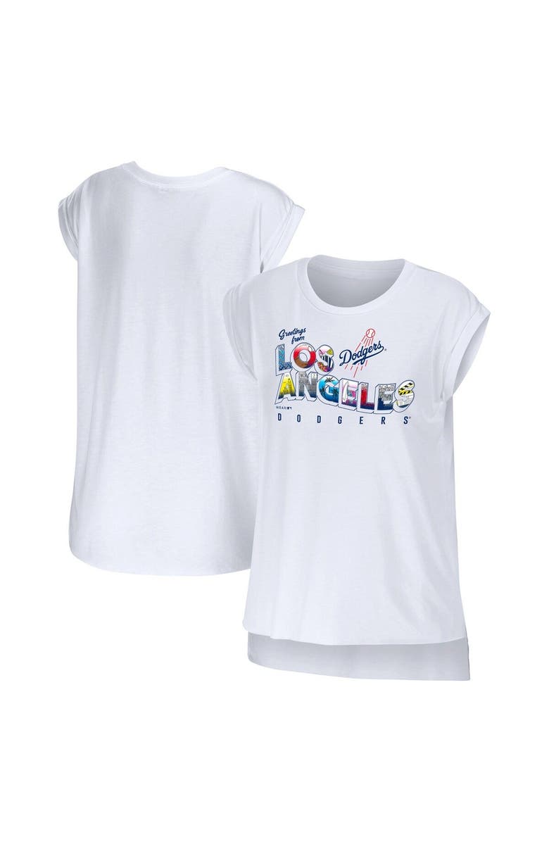 WEAR by Erin Andrews Women
s WEAR by Erin Andrews White Los Angeles Dodgers Greetings From T-Shirt, Main, color, 