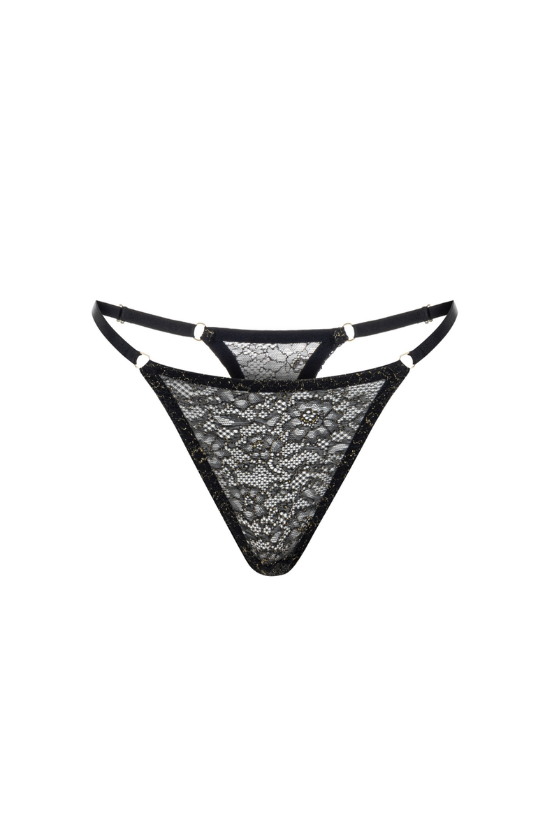 Shiny Lace Thong with Adjustable Straps, Main, color, Black