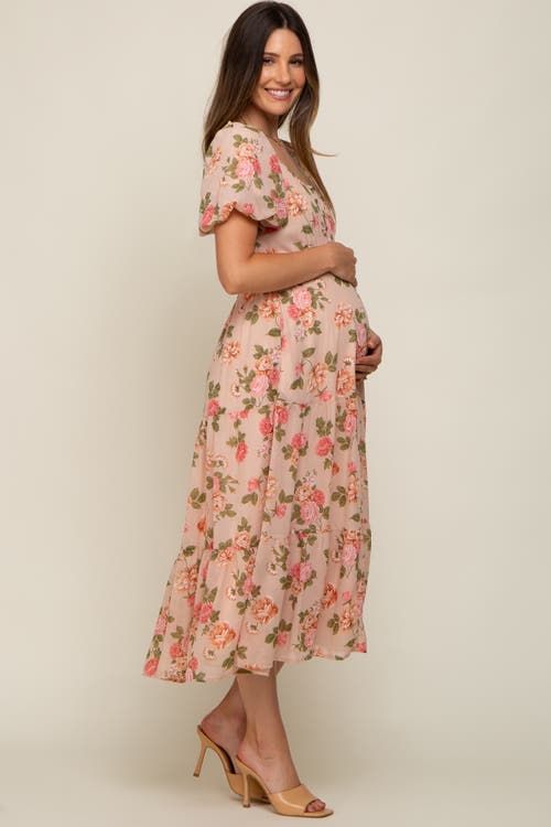 Pinkblush Floral Button Puff Sleeve Midi Dress In Orange