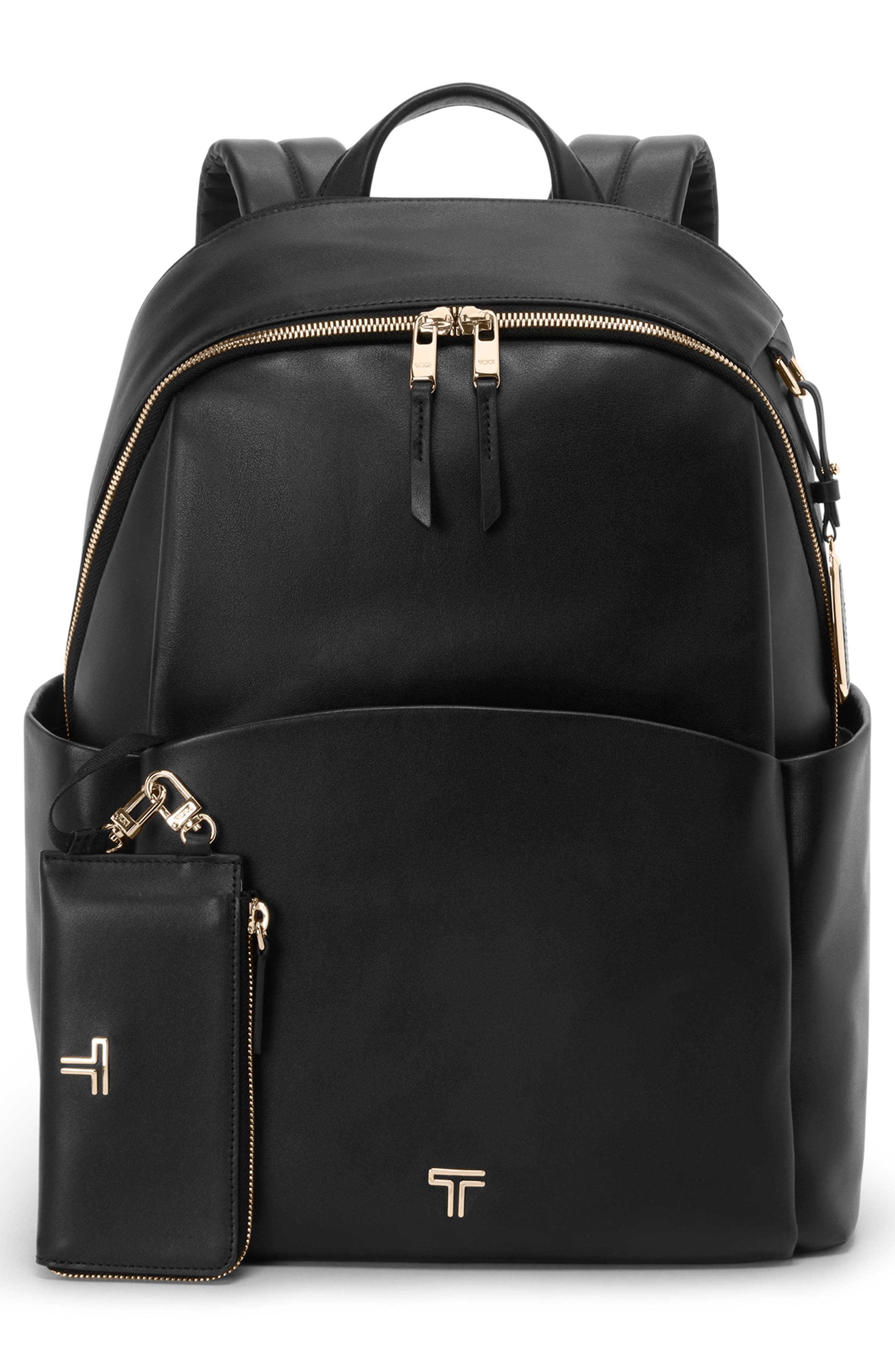 TUMI Raina Large Leather Backpack, Alternate, color, Black/ Light Gold