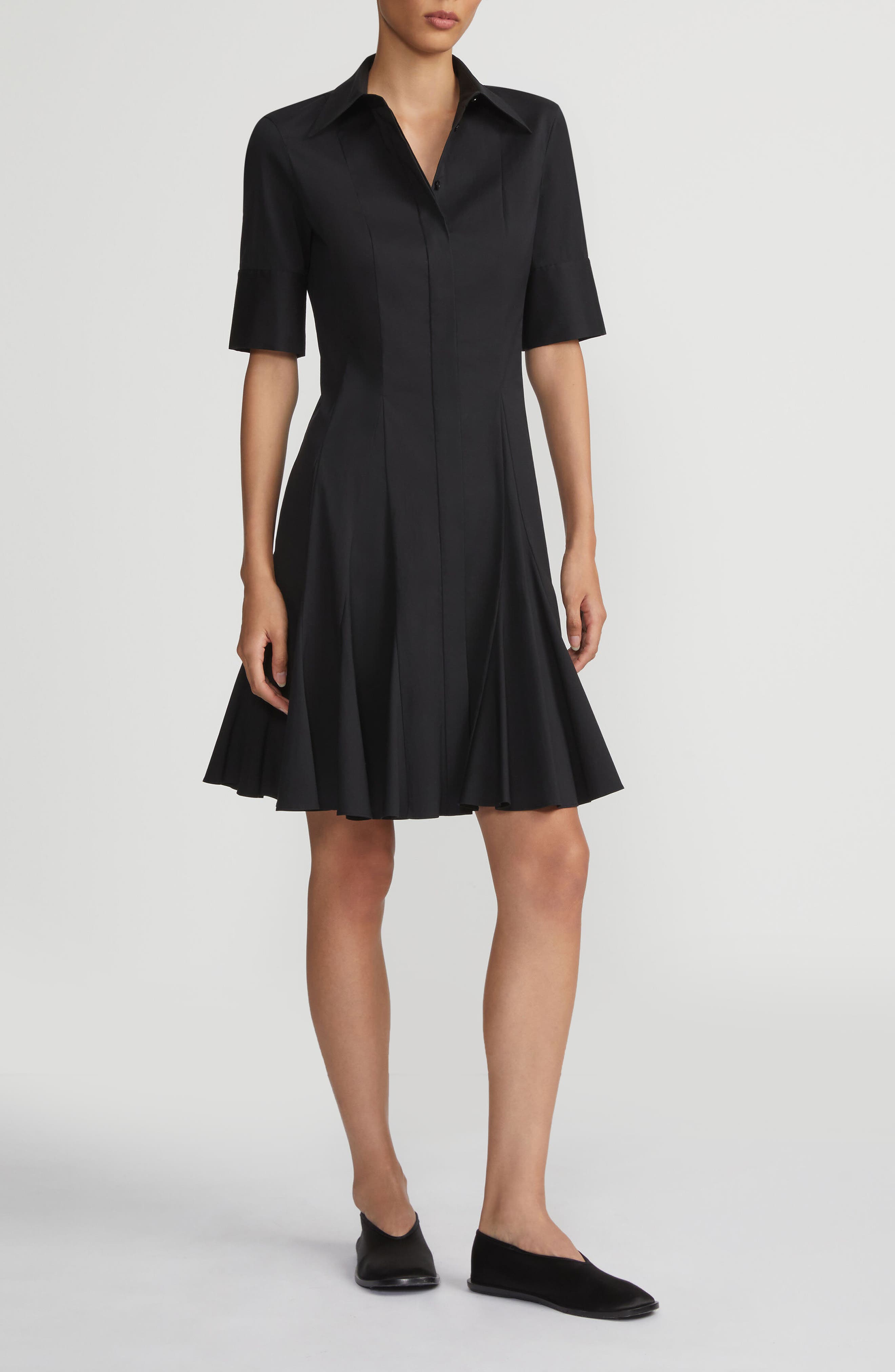 Lafayette 148 New York Godet Pleat Stretch Poplin Shirtdress in Black 