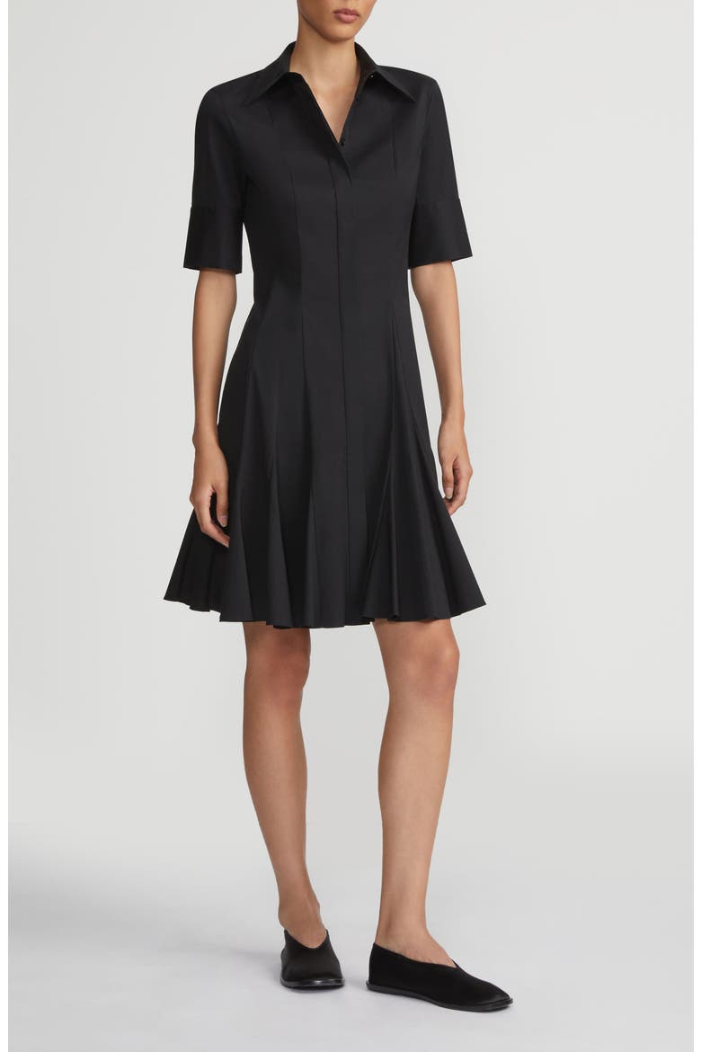 Godet Pleat Stretch Poplin Shirtdress, Main, color, BLACK