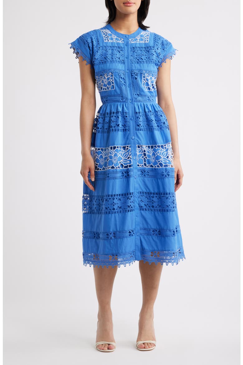 The Ava Eyelet Midi Dress, Main, color, SEAPORT BLUE