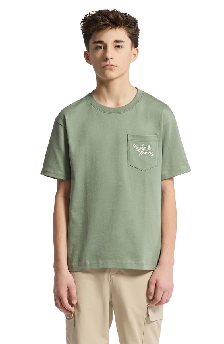 Psycho Bunny Kids' Desert Relaxed Fit Embroidered Heavyweight Pocket T-Shirt, Alternate, color, Sea Spray