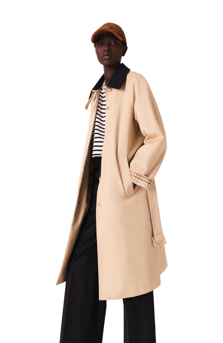 maje Contrast sleeve and collar trench, Alternate, color, Beige