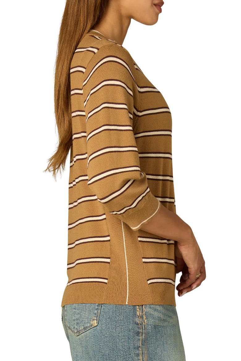 Stripe Three Quarter Sleeve Crewneck Sweater, Alternate, color, HONEY WHEAT/ ECRU MULTI