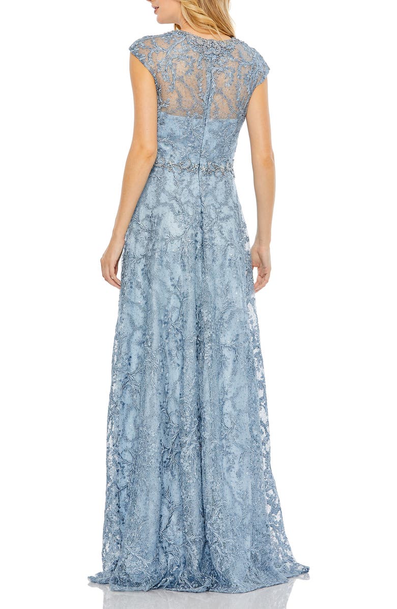 Mac Duggal Women’s Lace Embellished Cap Sleeve Formal Gown, Alternate, color, Slate Blue