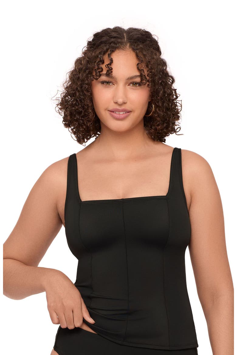 Supportive and Sculpting Square Neck Lace Back Tankini Swimsuit Top, Main, color, Onyx Black