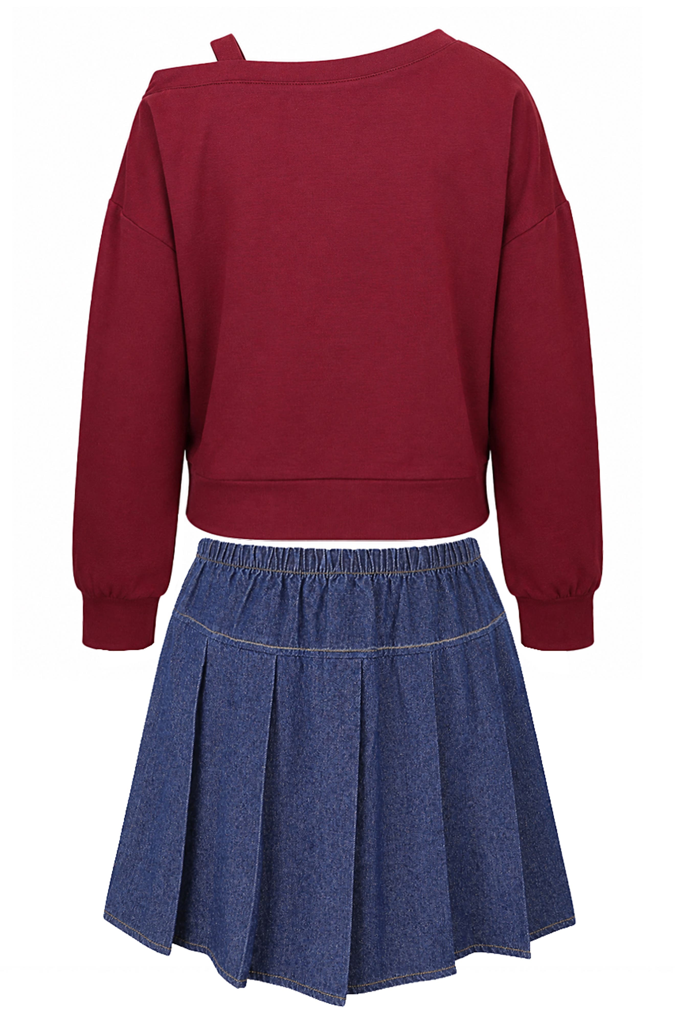 Kids' French Terry Sweatshirt & Pleated Denim Skirt Set