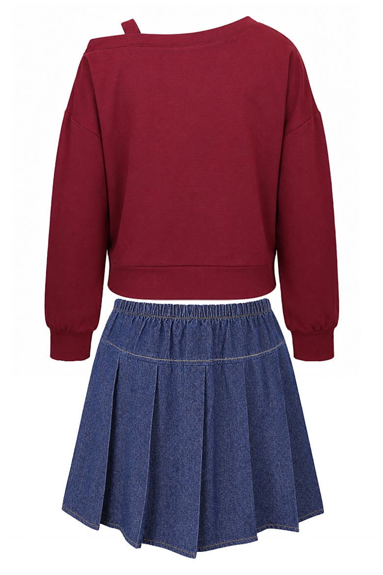 Kids' French Terry Sweatshirt & Pleated Denim Skirt Set, Alternate, color, BURGUNDY