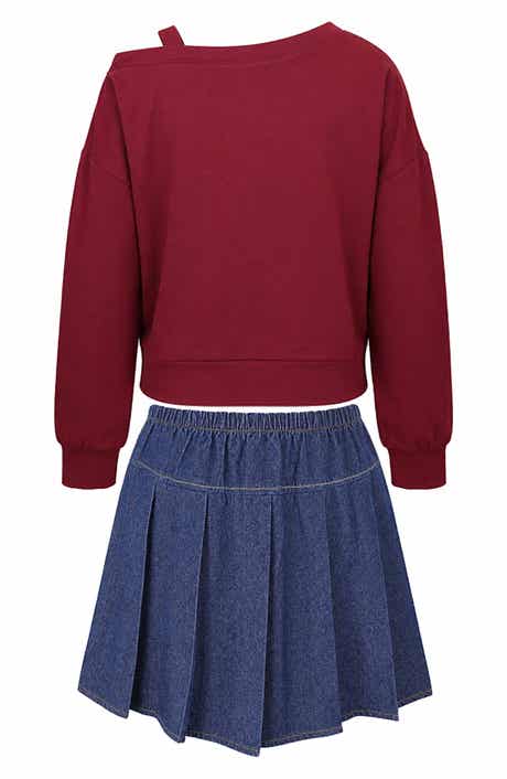 Kids' French Terry Sweatshirt & Pleated Denim Skirt Set