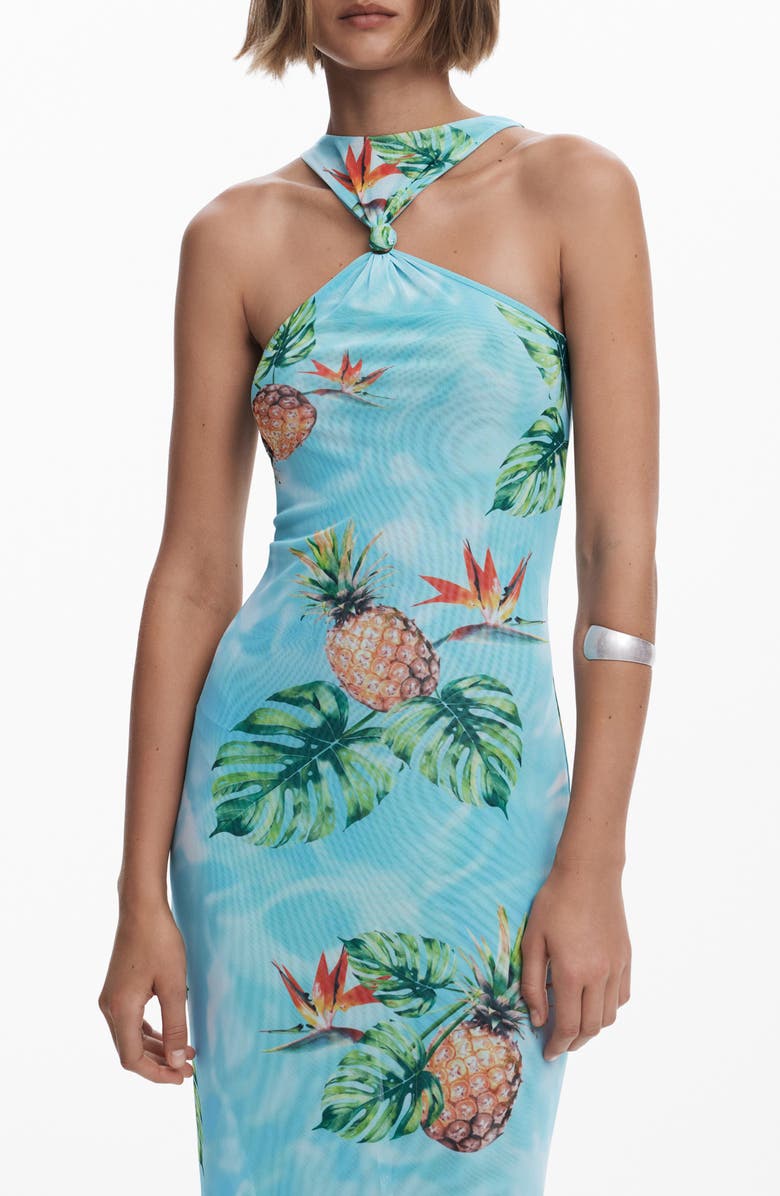 Desigual Tropical Print Knot Detail Midi Cover-Up Dress, Alternate, color, Light Turquoise
