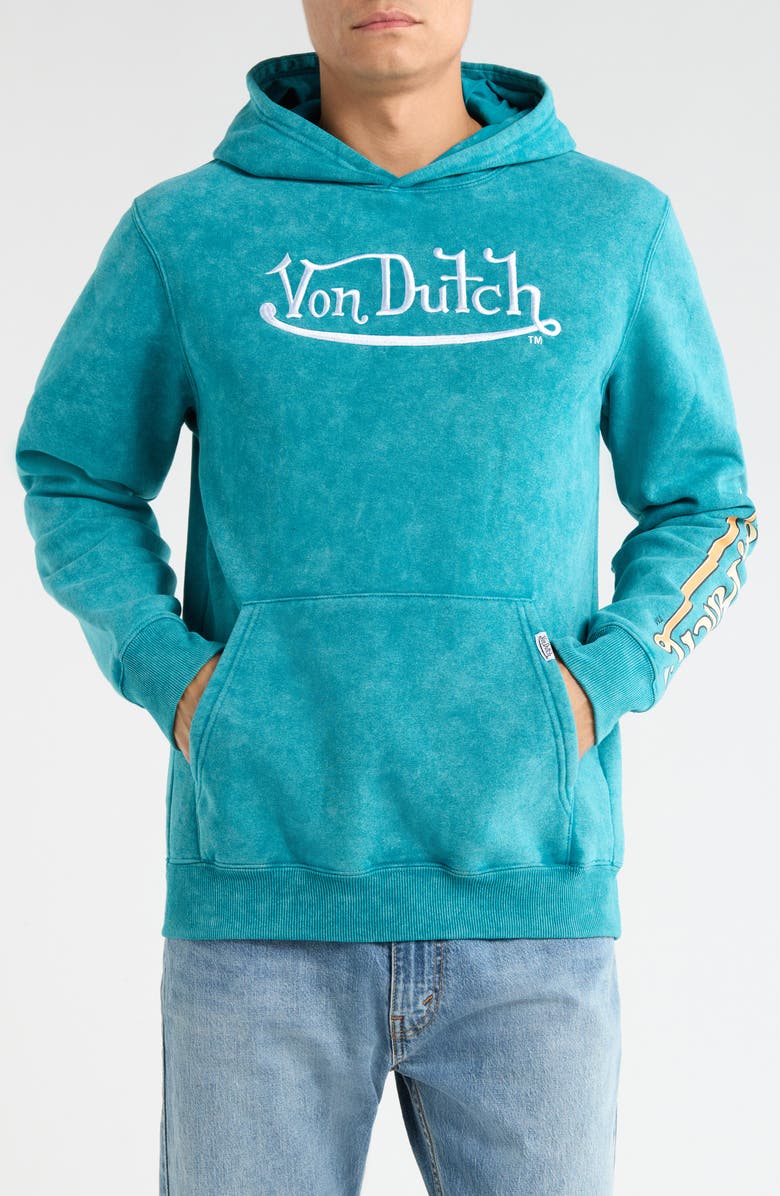 Von Dutch Embroidered Fleece Graphic Hoodie, Main, color, Ocean Depth Mineral Wash