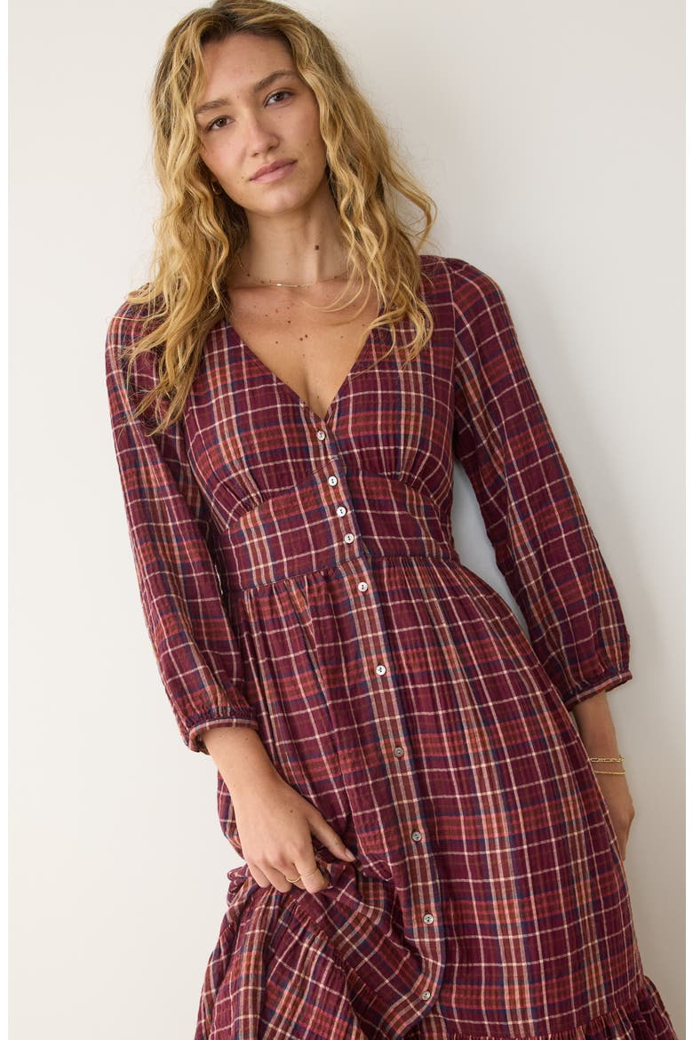 Maeve Plaid Tiered Midi Shirtdress, Alternate, color, MERLOT PLAID