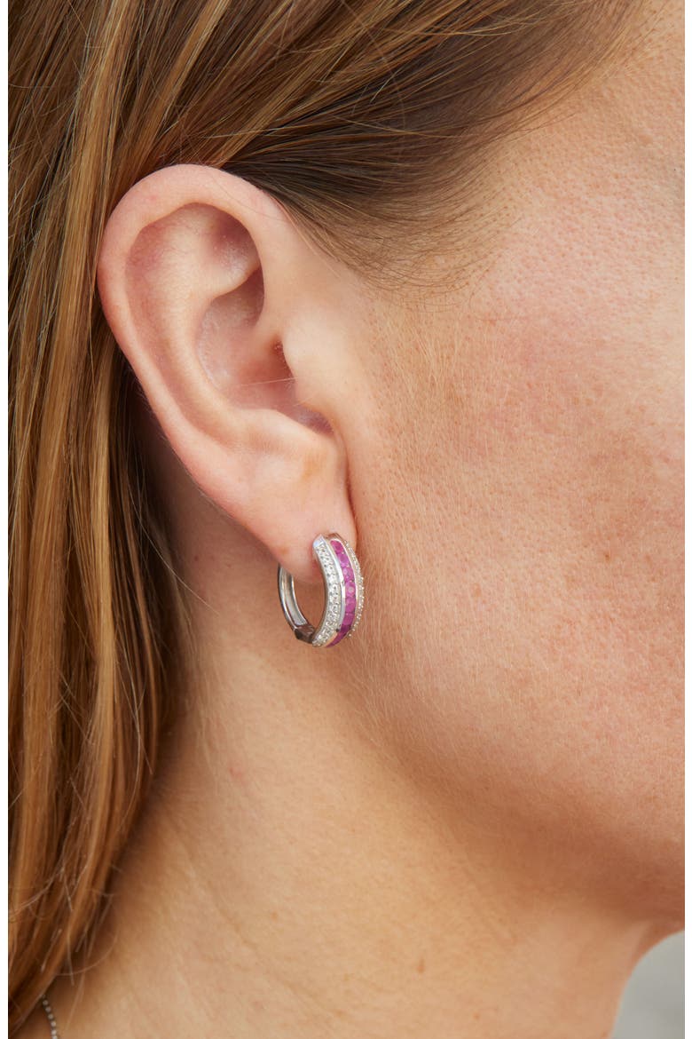Stone Hoop Earrings, Alternate, color, SILVER/ RUBY