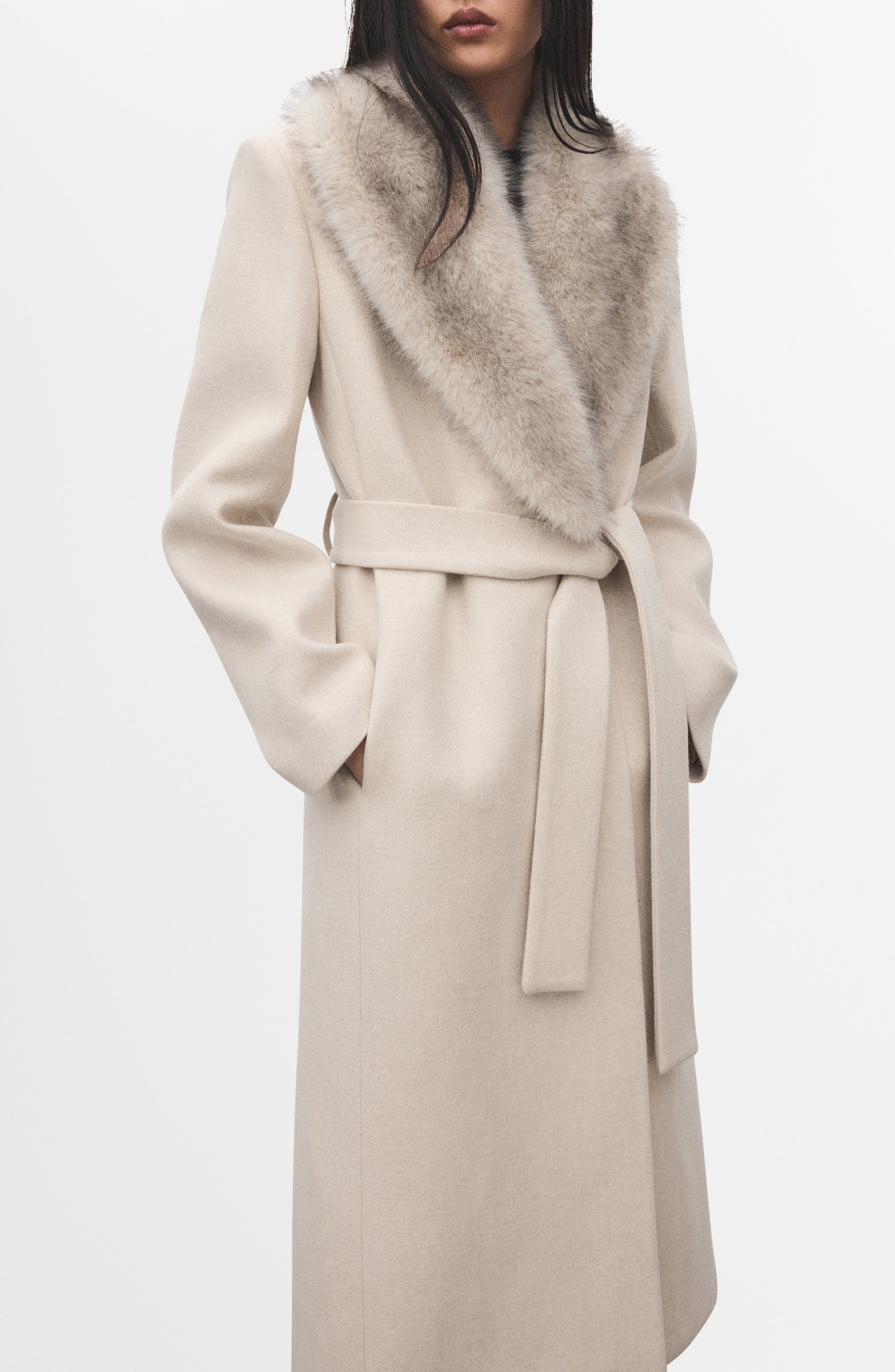 Manteco Longline Trench Coat with Removable Faux Fur Collar (Women
