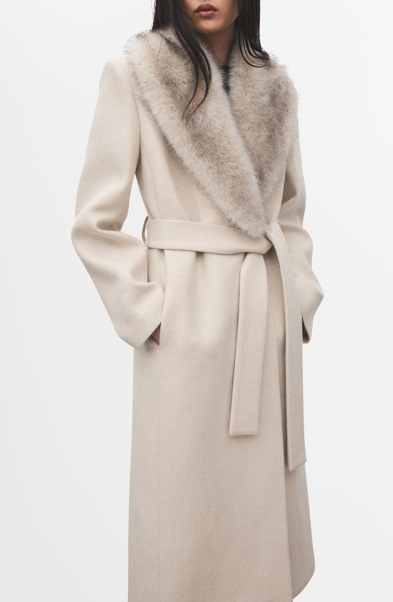 MANGO Manteco Longline Trench Coat with Removable Faux Fur Collar, Alternate, color, Light Ivory/ Pastel Grey