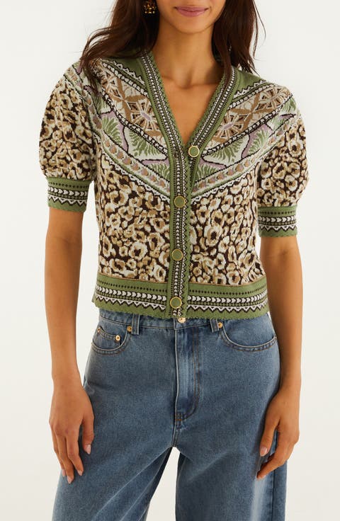 Leopard Border Print Puff Sleeve Sweater