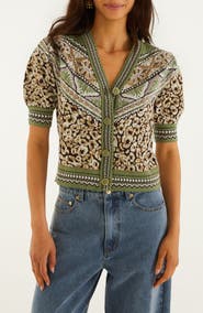FARM Rio Leopard Border Print Puff Sleeve Sweater