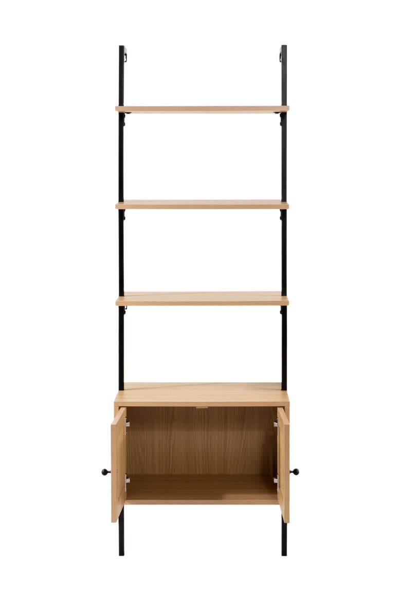 Tulare MidCentury Industrial 4-Shelf Wood Wall-Mounted Open Ladder Bookcase with Cabinet and Metal Frame, Alternate, color, Light Oak/Black