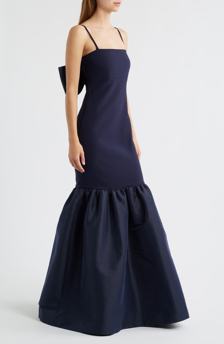 LIKELY Morgette Bow Back Mixed Media Mermaid Gown, Alternate, color, Navy