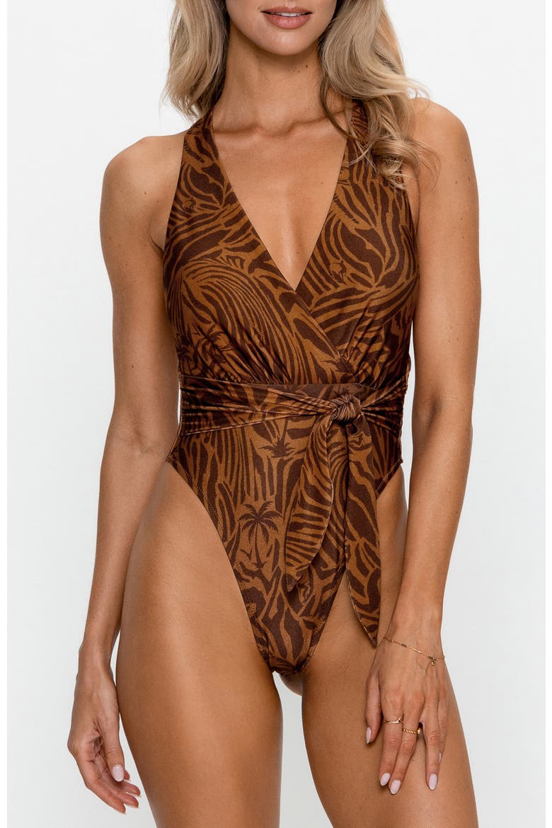 Cross Back Wrap Waist High Cut One-Piece Swimsuit, Main, color, Brown