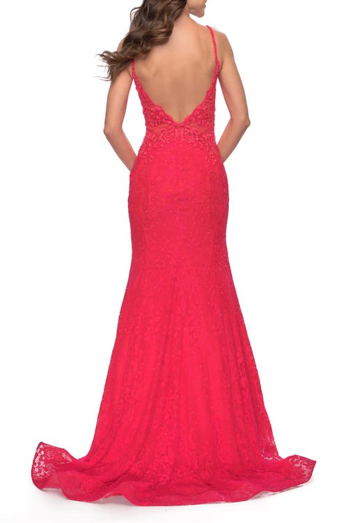La Femme Long Mermaid Lace Dress With Back Rhinestone Detail In Hot Coral