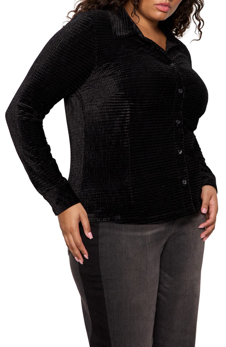 Sanctuary Fitted Textured Stripe Velvet Button-Up Shirt, Alternate, color, Black