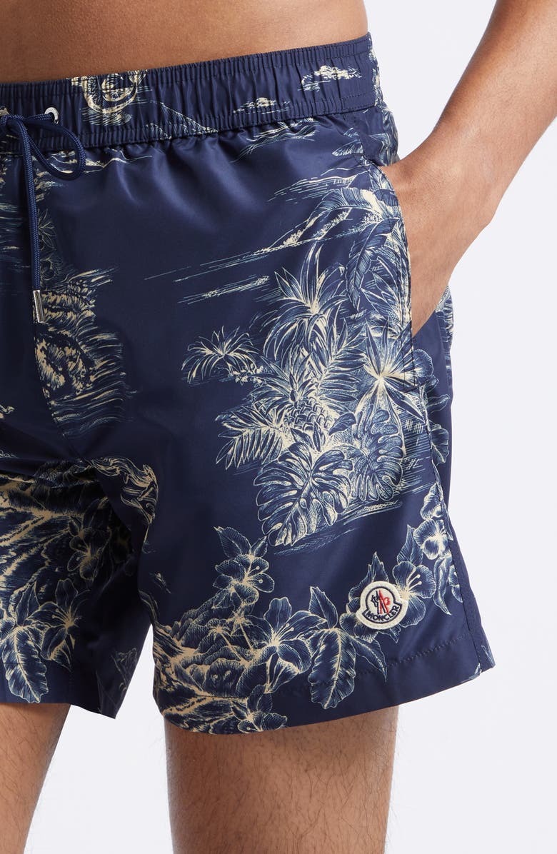 Moncler Tropical Print Swim Trunks, Alternate, color, Blue