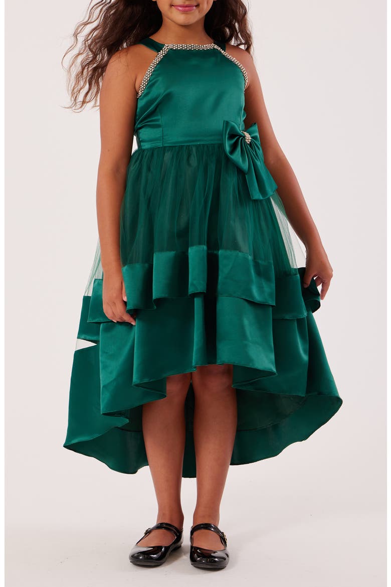 Kids' Rhinestone Trim Satin & Mesh High-Low Party Dress, Alternate, color, GREEN