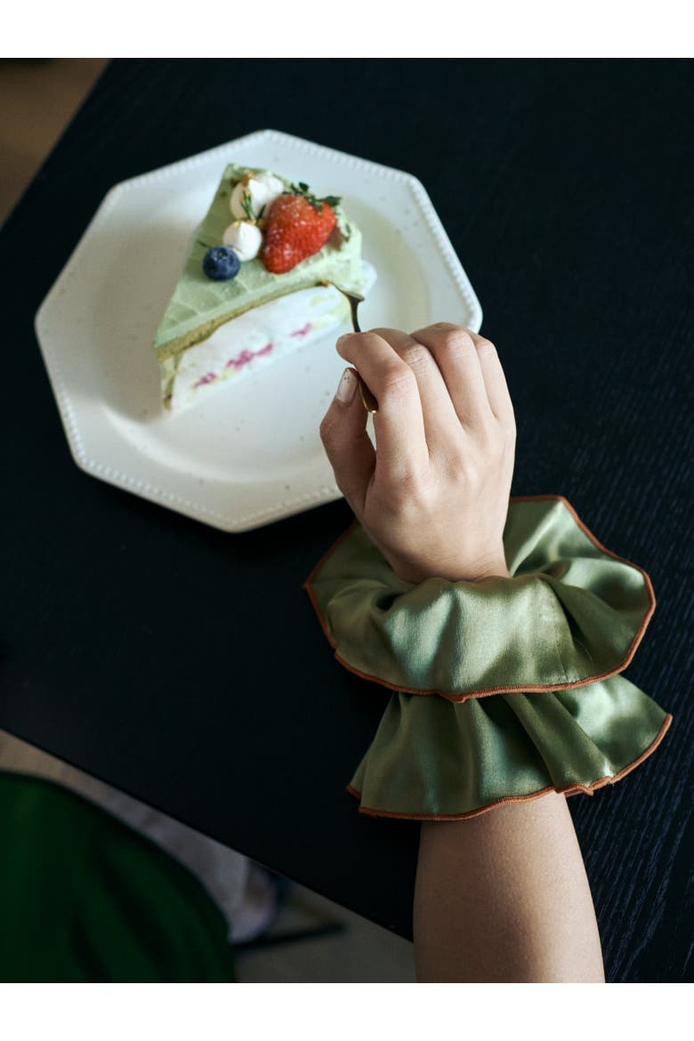 "Maxi Flower" Double-Layer Oversized Silk Scrunchie, Alternate, color, Martini Olive