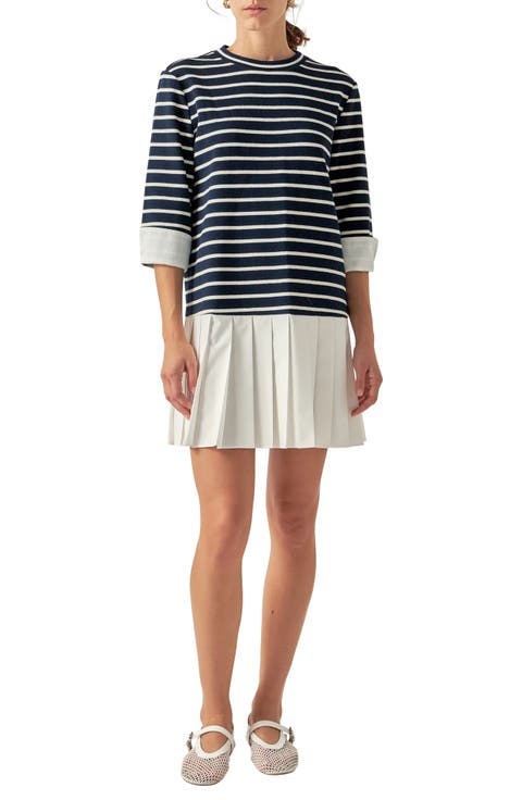 Mix Media Stripe Pleated Minidress