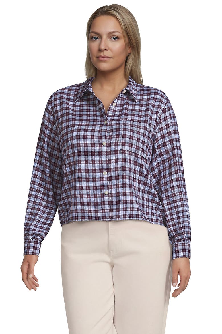 Plus Size Cropped Flannel Shirt, Main, color, French Blue/Burgundy Plaid