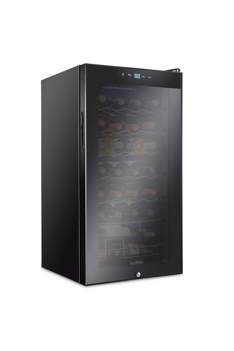 28 Bottle Compressor Wine Refrigerator, Freestanding Wine Cooler with Lock, Main, color, Black