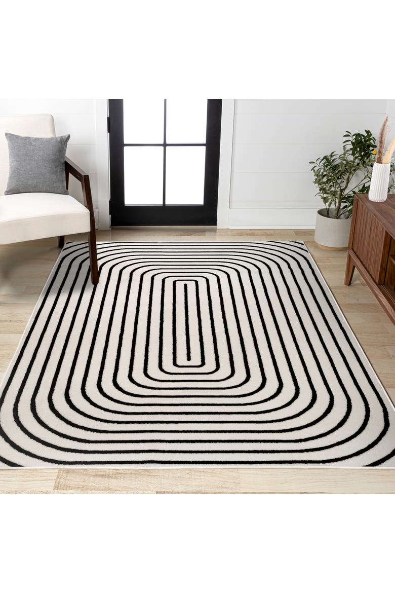 Freya Modern Scandinavian Arch Stripe Monotone High-Low Area Rug, Alternate, color, Black/White